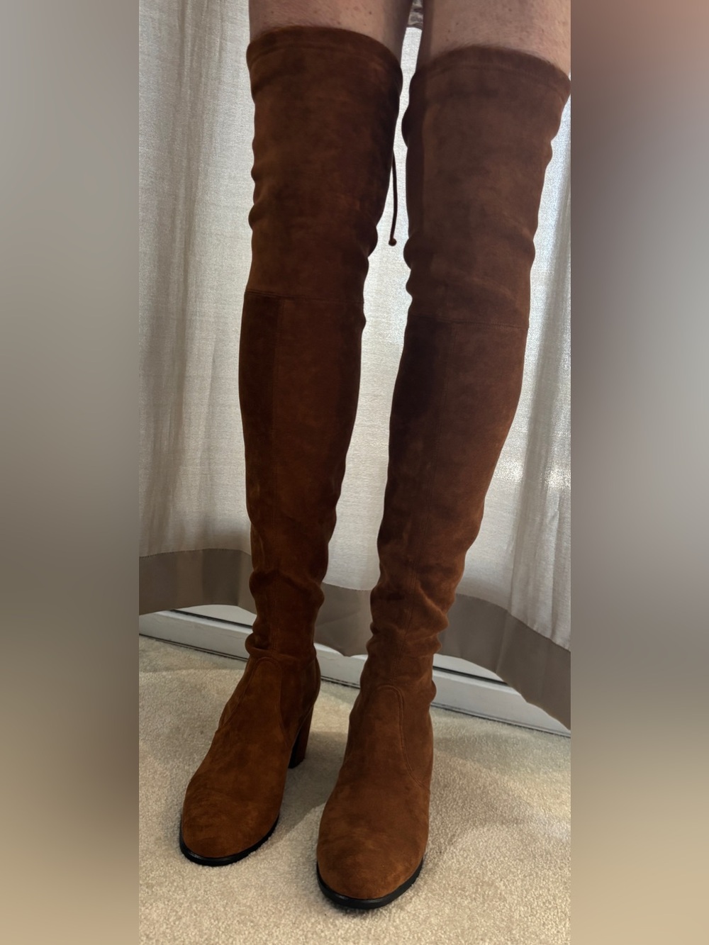 Over-the-Knee Suede Boots in Chestnut Brown with Block Heel. Never worn